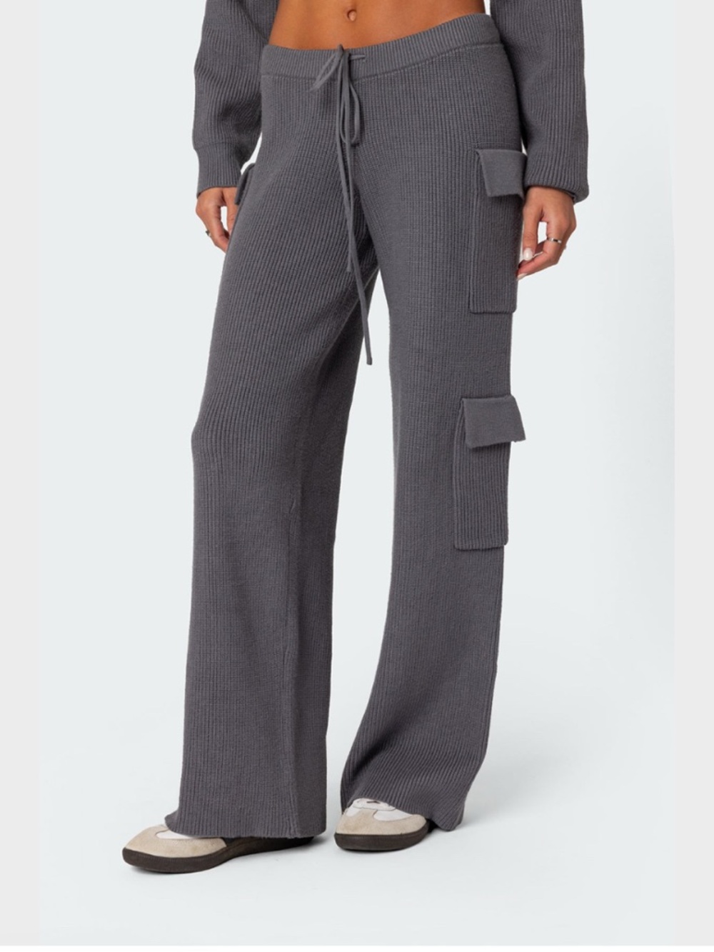 Wide Leg Knit Cargo Pants in Charcoal Gray